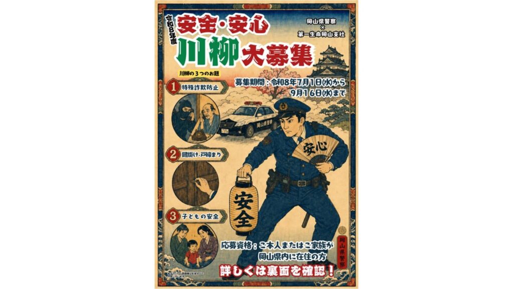 「特殊詐欺防止」「鍵掛け・戸締まり」「子どもの安全」で川柳を募集 岡山県警と生命保険会社が協力
